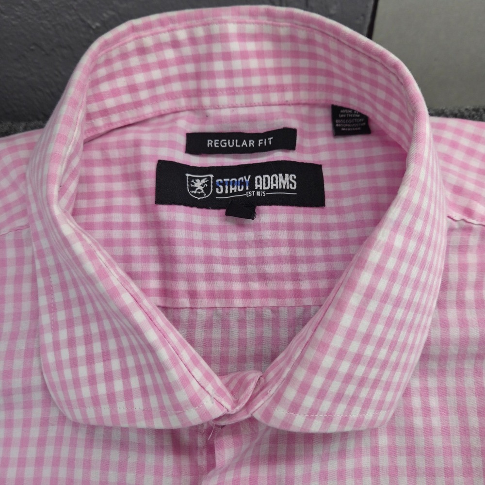 Stacy Adams Mens 17 34/35 Pink Gingham Cotton Blend Regular Fit Dress Shirt L/S